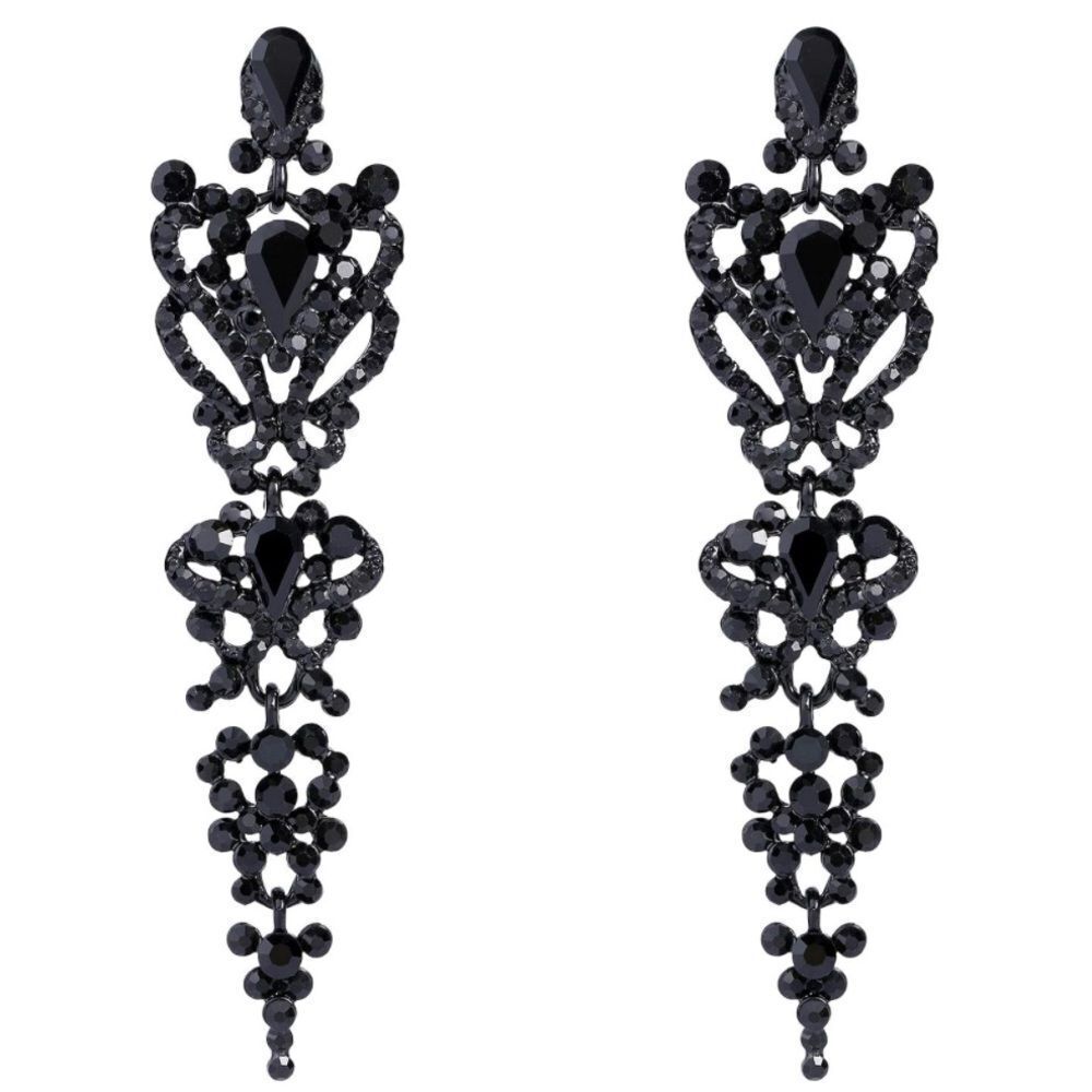 Carbon Black with Black Onyx Austrian Crystal Floral Knot Chandelier Earrings